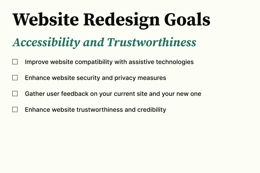 Website Redesign Checklist - Accessibility and Trustworthiness