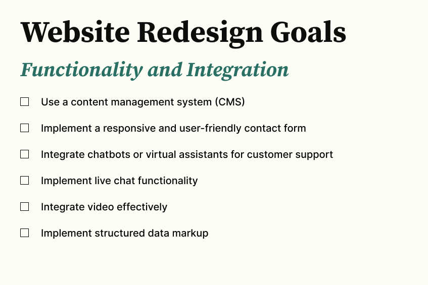 Website Redesign Checklist - Functionality and Integration