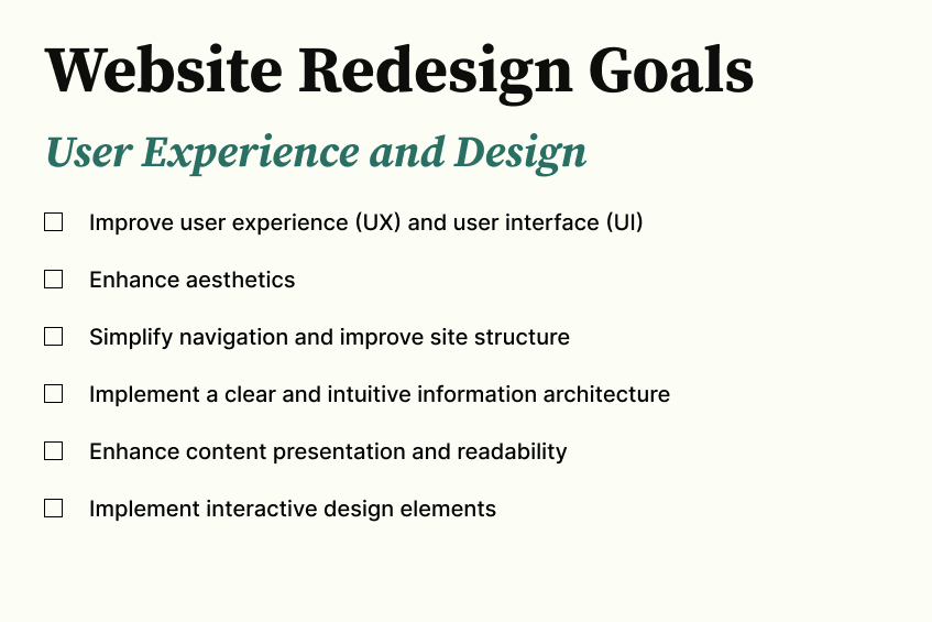 Website Redesign Goals Checklist - User Experience and Design