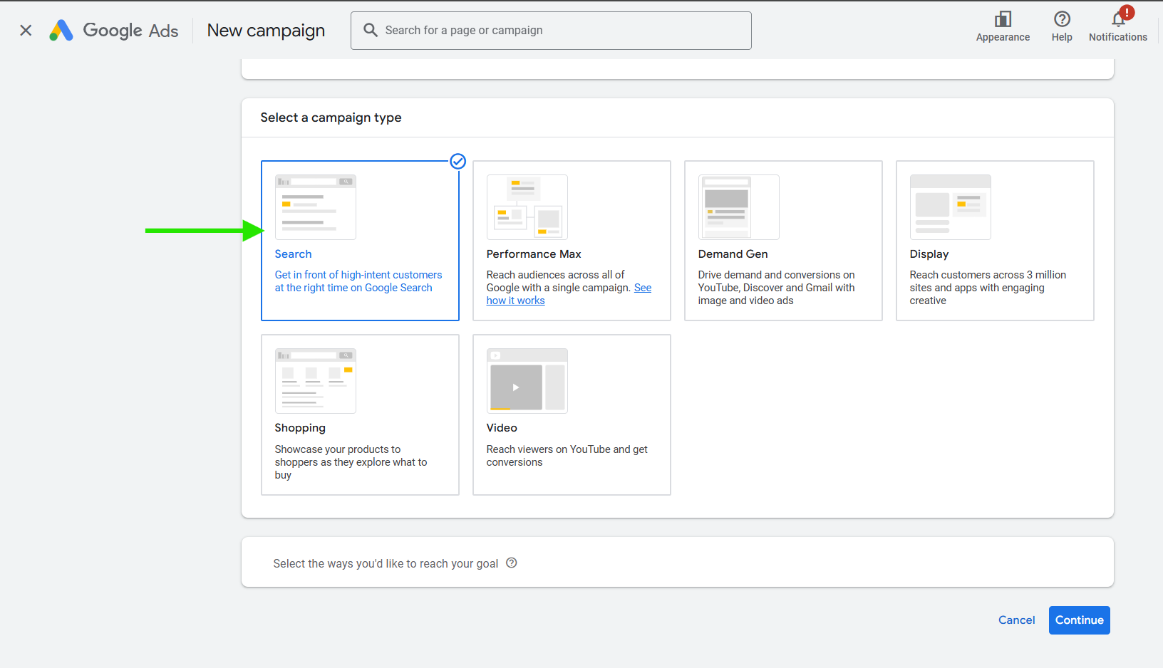 Selecting Campaign in Google Ads setup