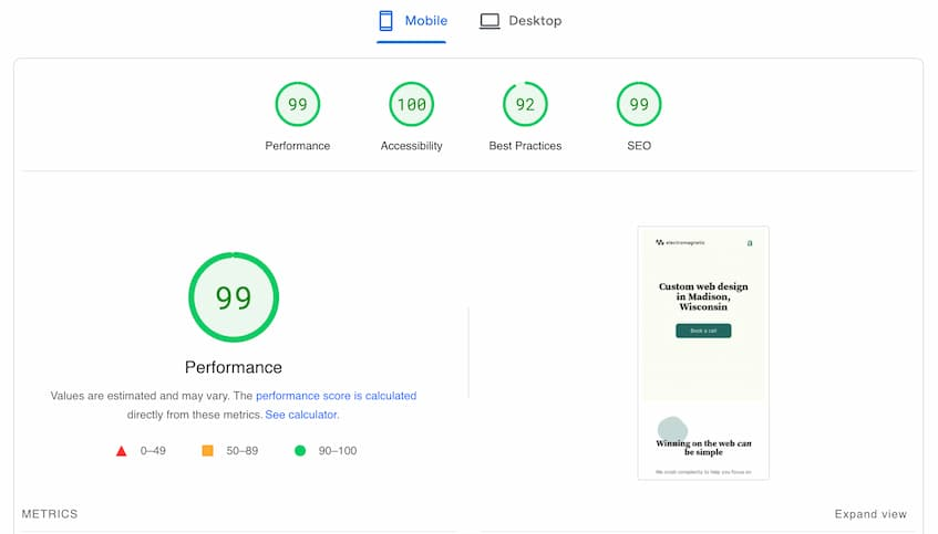 Near perfect Google PageSpeed score for a web design agency specializing in small business website design