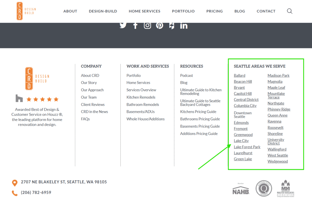 Pages dedicated to areas served on CRD Design Build's website