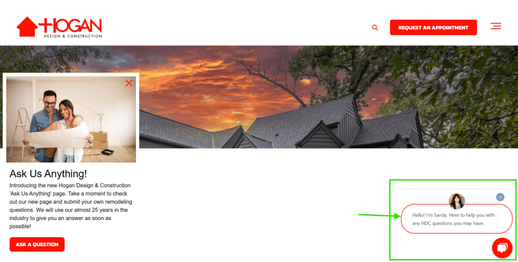 Live chat widget on Hogan Design and Construction website for lead capture