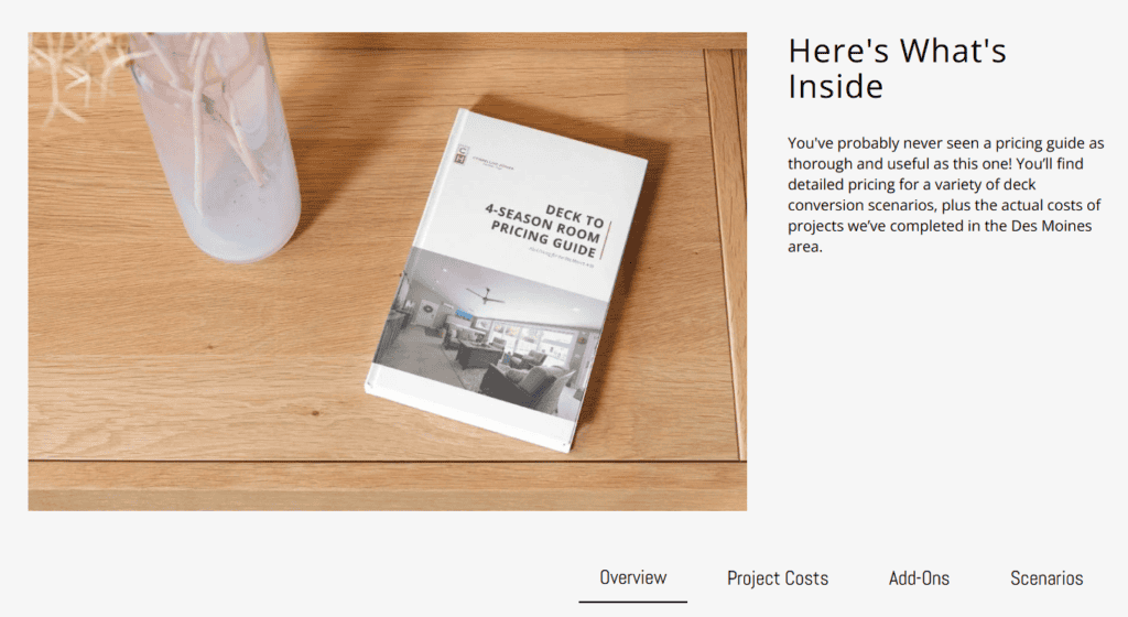 Downloadable deck conversion pricing guide on Compelling Homes website