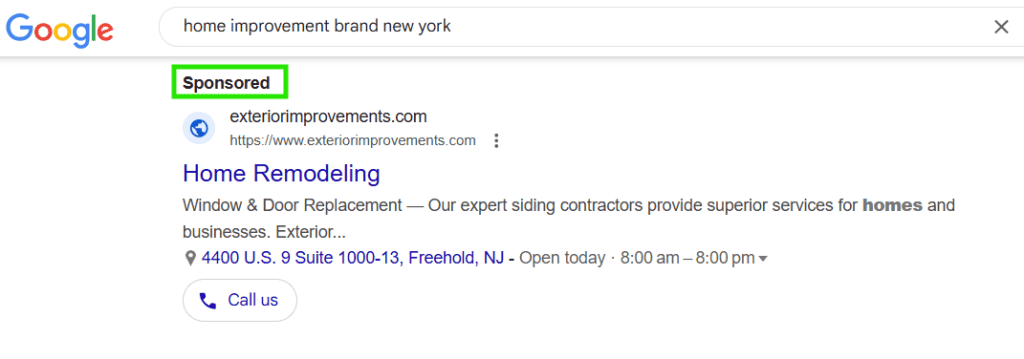 Google Ads search results for a home improvement business