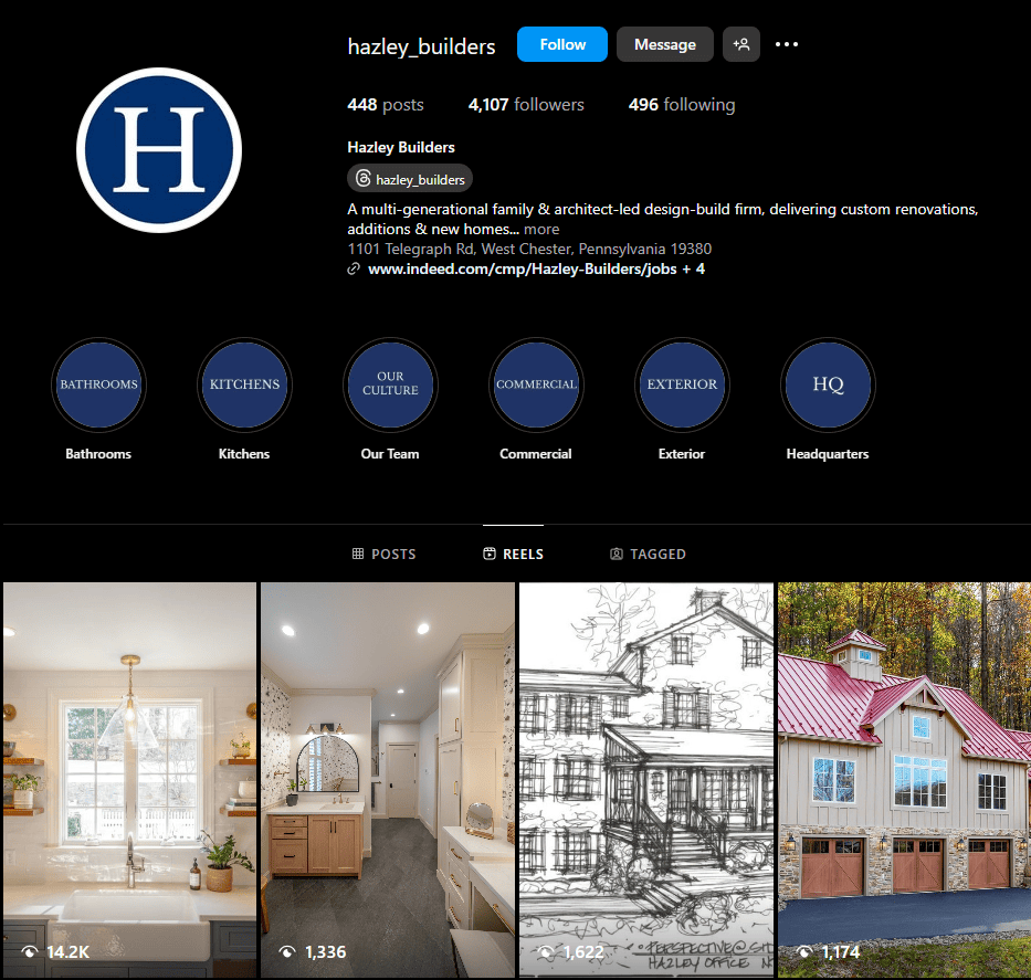 Hazley Builders Instagram Reels feed showcasing home renovation projects