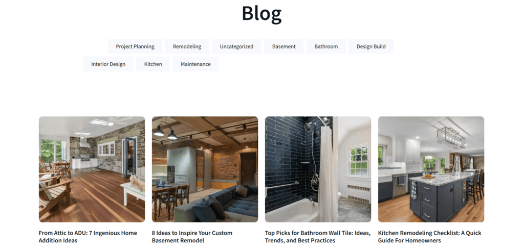 Upscale Remodeling blog page showing articles that drive organic traffic