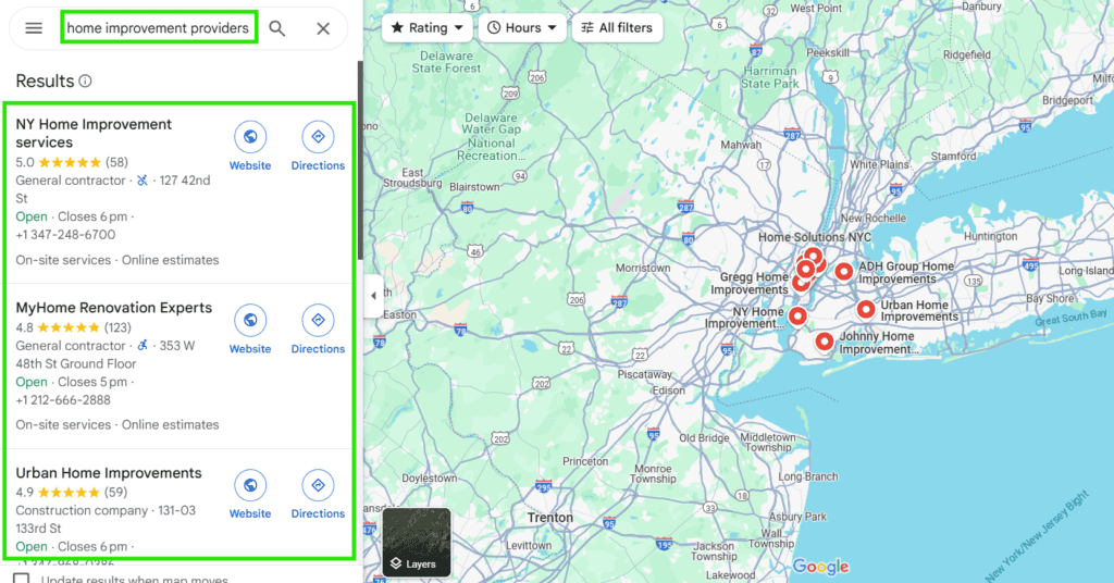 Google Maps local search results for home improvement services in New York