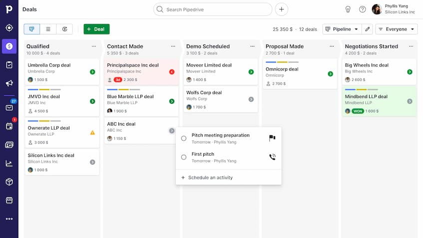 Pipedrive screenshot of Deals dashboard