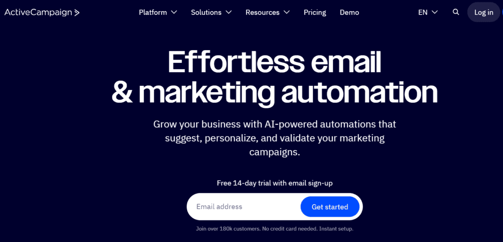 ActiveCampaign dashboard showing email automation and campaign management features