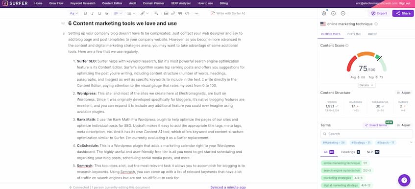 Surfer SEO Content Editor screen