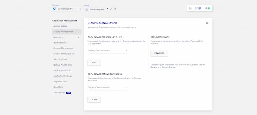 Before you do any website maintenance, be sure to set up a staging environment, such as the one from Cloudways shown here.