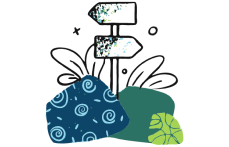 Line drawing of two signposts with colorful shapes and patterns.