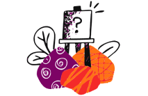 Line drawing of an easel with a question mark on it, decorated by colorful shapes and patterns
