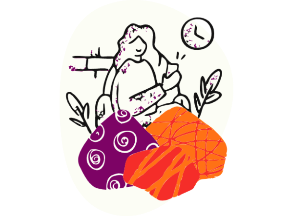 Line drawing of a person holding a mobile device with a clock in the background